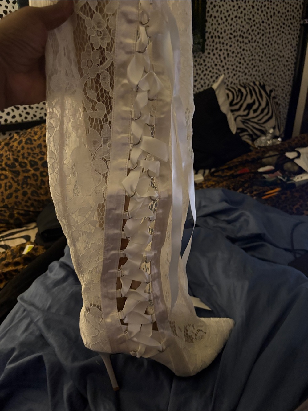 Lace Ribbon-Up Thigh-High Stiletto Boot - White